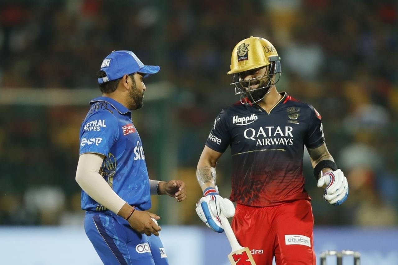 Virat Kohli and Rohit Sharma share a light moment on the field, Royal Challengers Bangalore vs Mumbai Indians, IPL 2023, Bengaluru, April 2, 2023