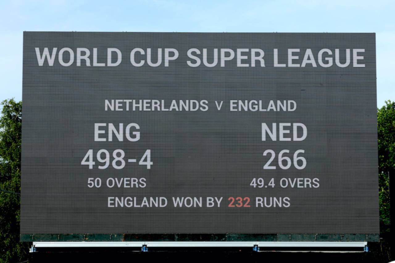 The scoreboard shows England's massive win, Netherlands vs England, 1st ODI, Amstelveen, June 17, 2022