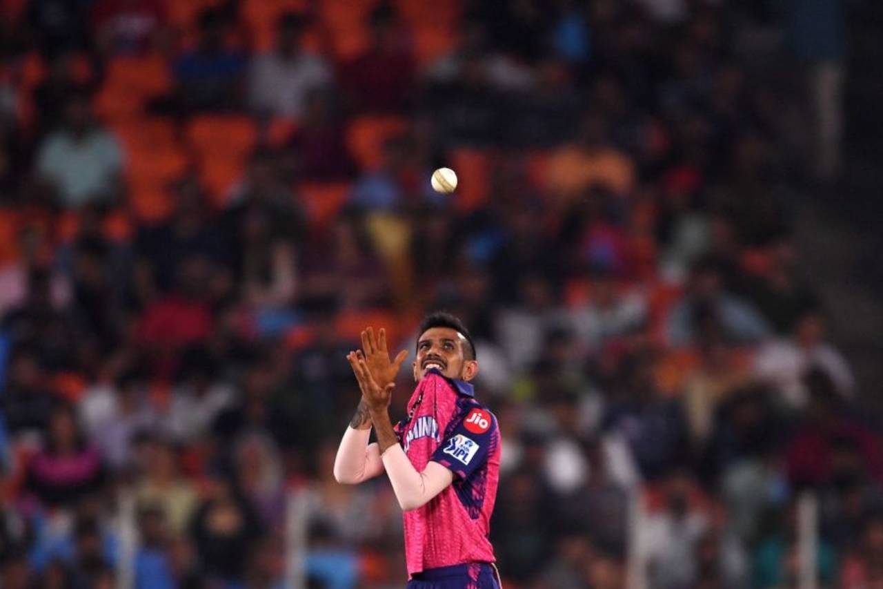 Yuzvendra Chahal bites his shirt as he awaits the ball, Gujarat Titans vs Rajasthan Royals, IPL 2023, Ahmedabad, April 16, 2023