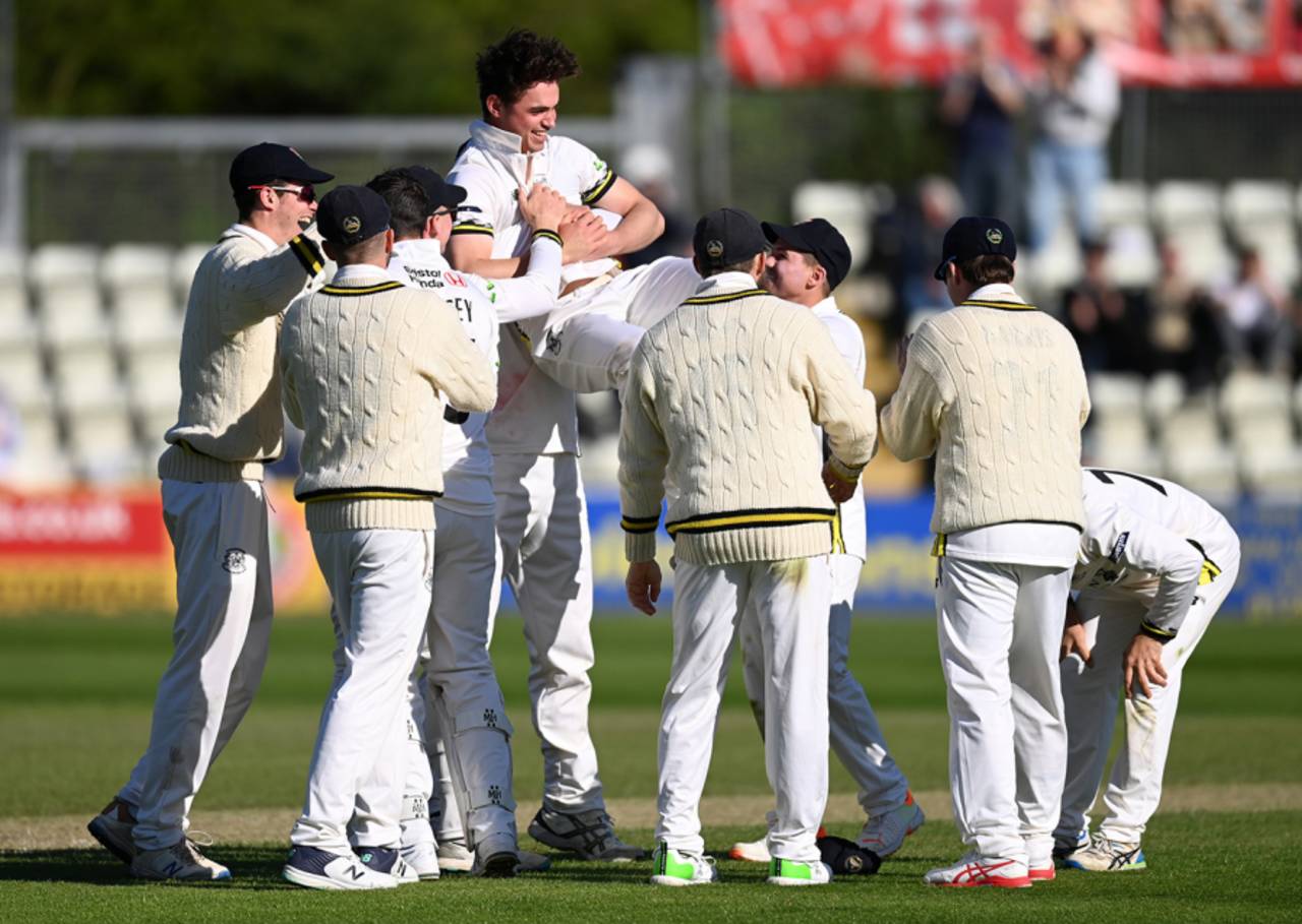 Tom Price celebrates his hat-trick with teammates, Worcestershire vs Gloucestershire, County Championship, Division Two, New Road, April 20, 2023