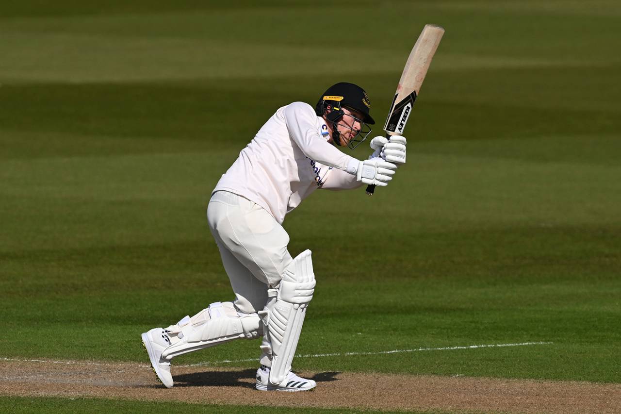 Tom Alsop steps out to drive during his 95, Sussex vs Yorkshire, LV= County Championship, Division Two, April 20, 2023