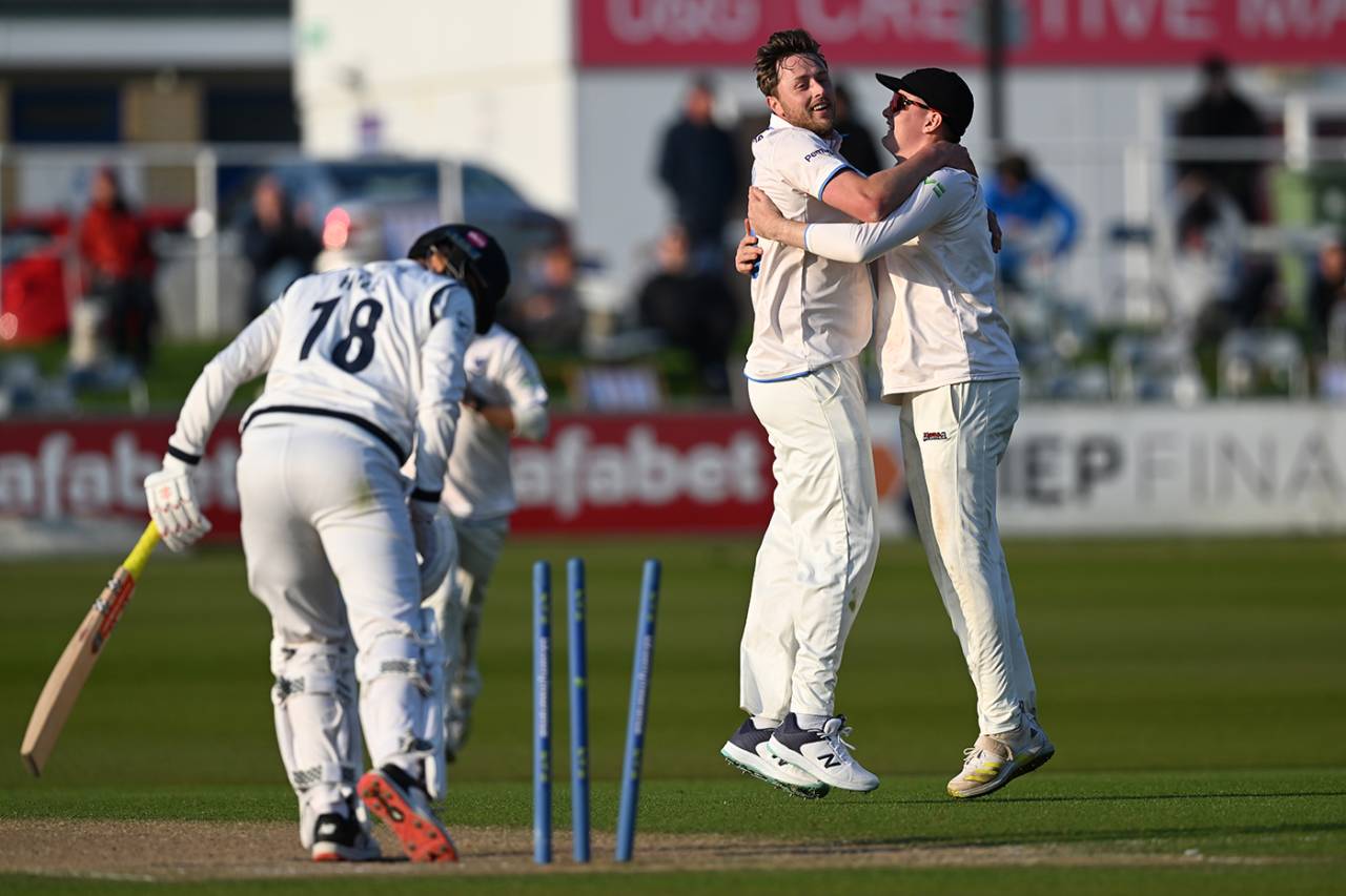 Ollie Robinson celebrates after bowling George Hill, Sussex vs Yorkshire, LV= County Championship, Division Two, April 21, 2023