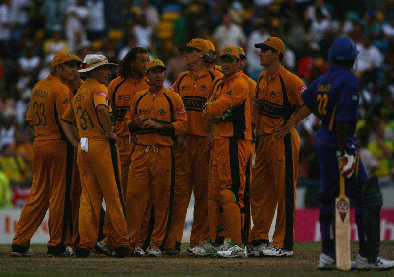 Ricky Ponting and Australia's players look on in the dark, Australia v Sri Lanka, World Cup final, Barbados, April 28, 2007