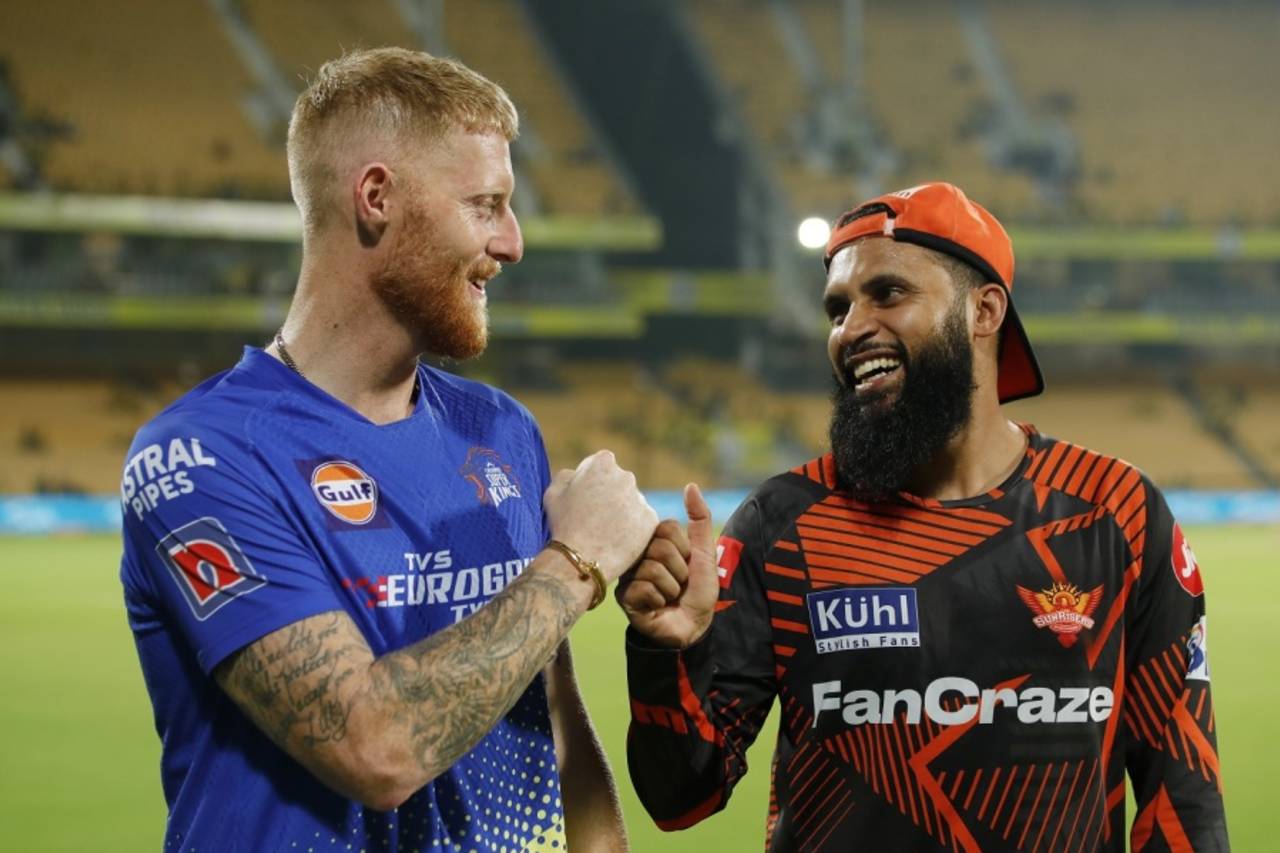 England mates Ben Stokes and Adil Rashid catch up at the IPL, Chennai Super Kings vs Sunrisers Hyderabad, IPL 2023, Chennai, April 21, 2023