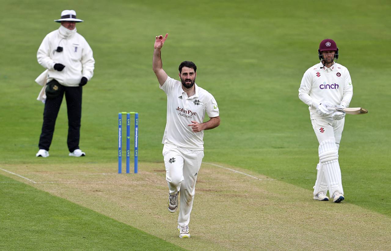 Brett Hutton celebrates after taking the wicket of Ricardo Vasconcelos, Northamptonshire vs Nottinghamshire, County Championship, Division One, Wantage Road, May 12, 2023