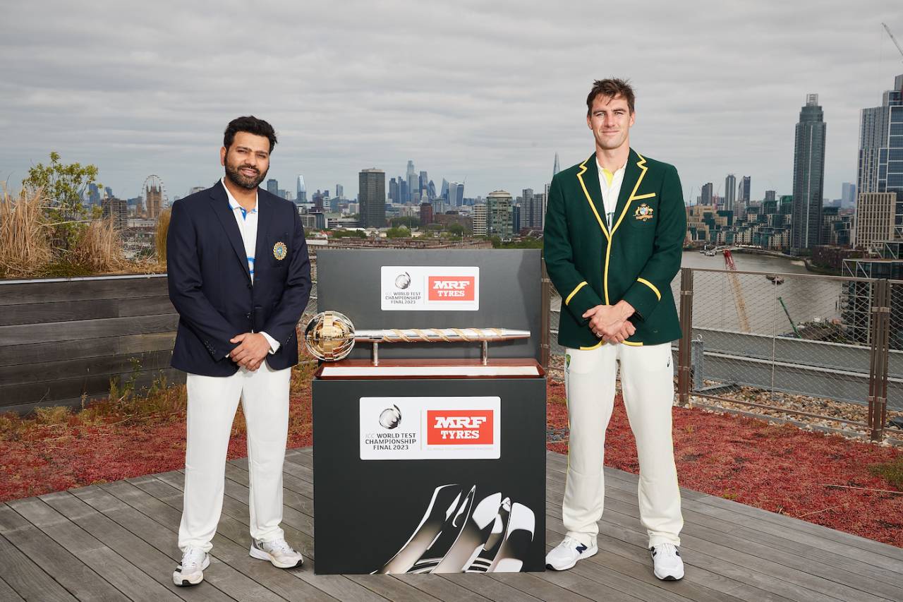 Rohit Sharma and Pat Cummins pose with the ICC Test mace, Battersea, June 5, 2023