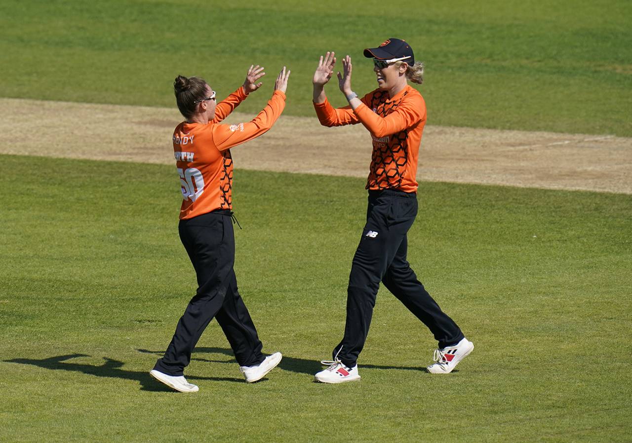 Linsey Smith celebrates with team-mate Georgia Adams, Charlotte Edwards Cup, Southern Vipers vs Thunder, Ageas Bowl, Wednesday May 31, 2023