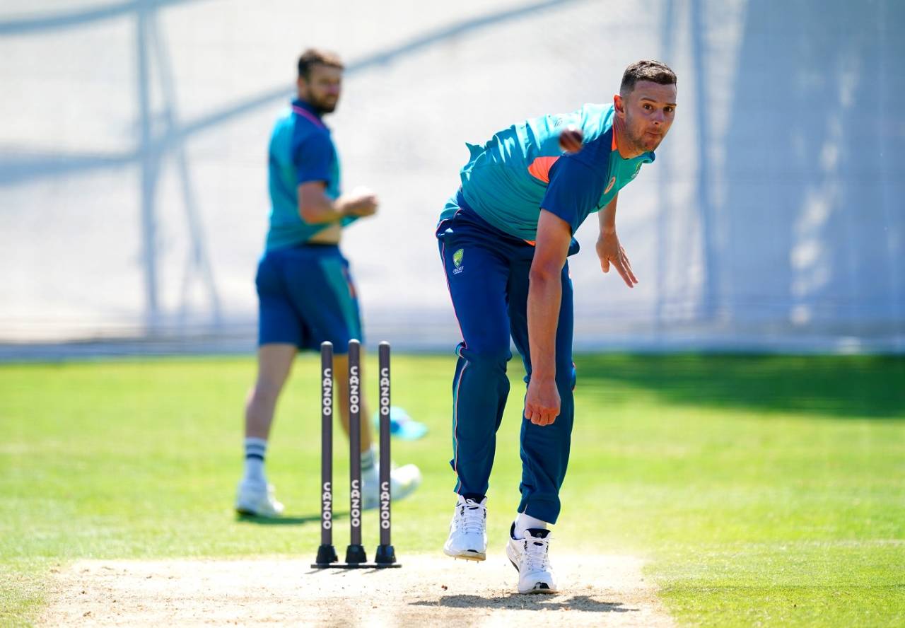 Josh Hazlewood in his delivery stride during a practice session, Birmingham, June 14, 2023