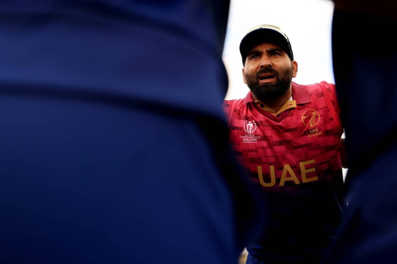 UAE captain Muhammad Waseem talks to his team before the first ball, Scotland vs UAE, ICC Cricket World Cup Qualifier, Bulawayo, June 23, 2023