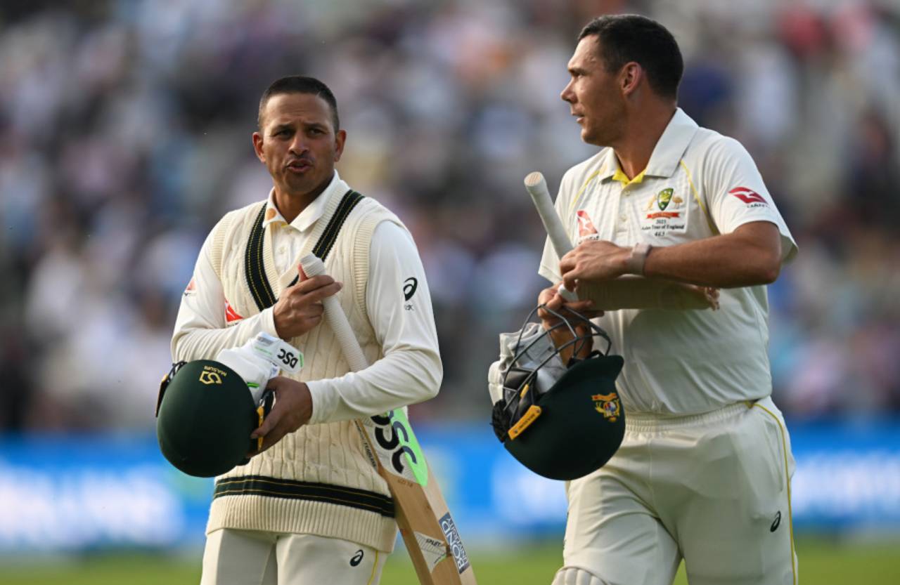 Usman Khawaja and Scott Boland walk back at the end of day's play, England vs Australia, 1st Ashes Test, Edgbaston, 4th day, June 19, 2023