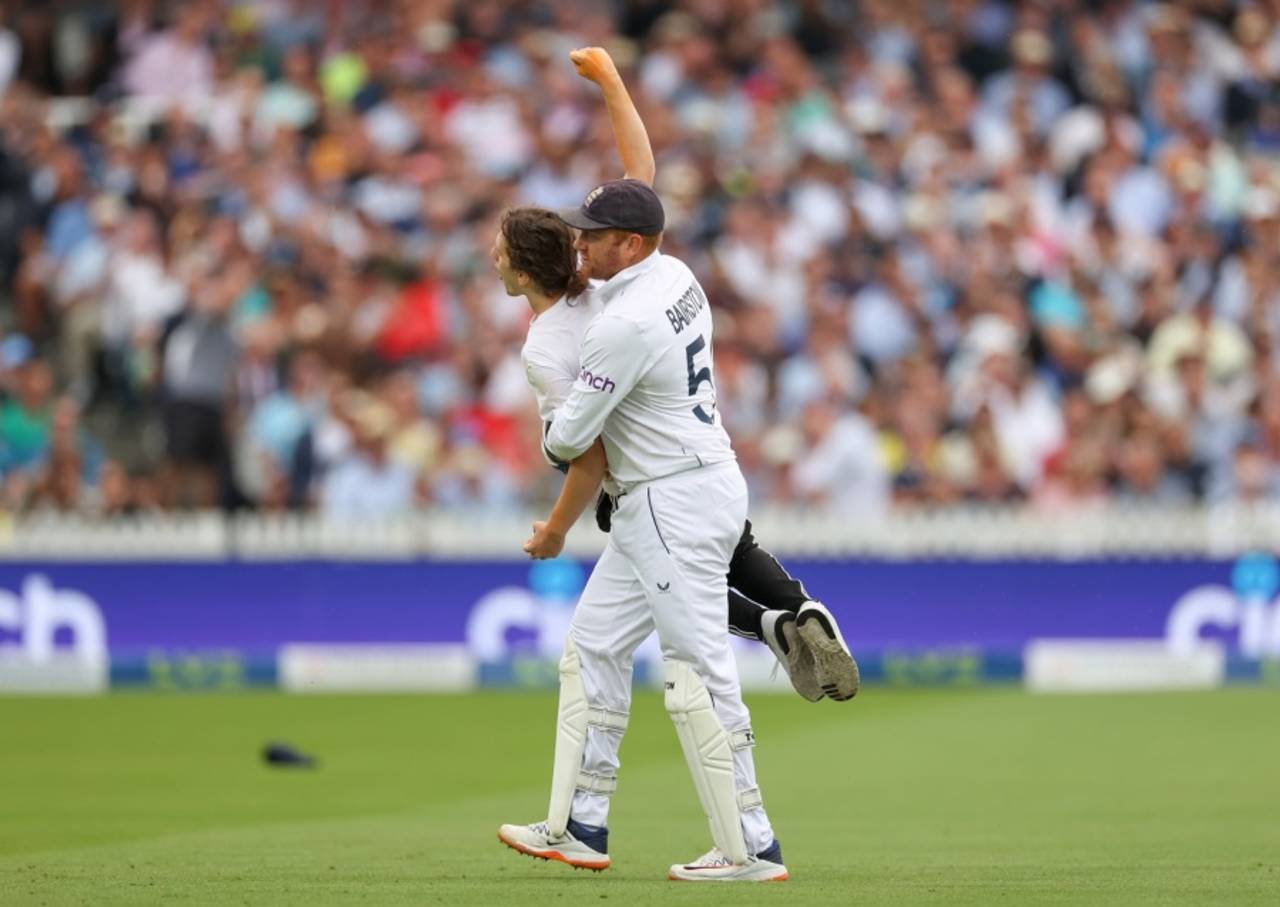 Jonny Bairstow carries a 'Just Stop Oil' pitch invader off the field, England vs Australia, 2nd Ashes Test, Lord's, 1st day, June 28, 2023