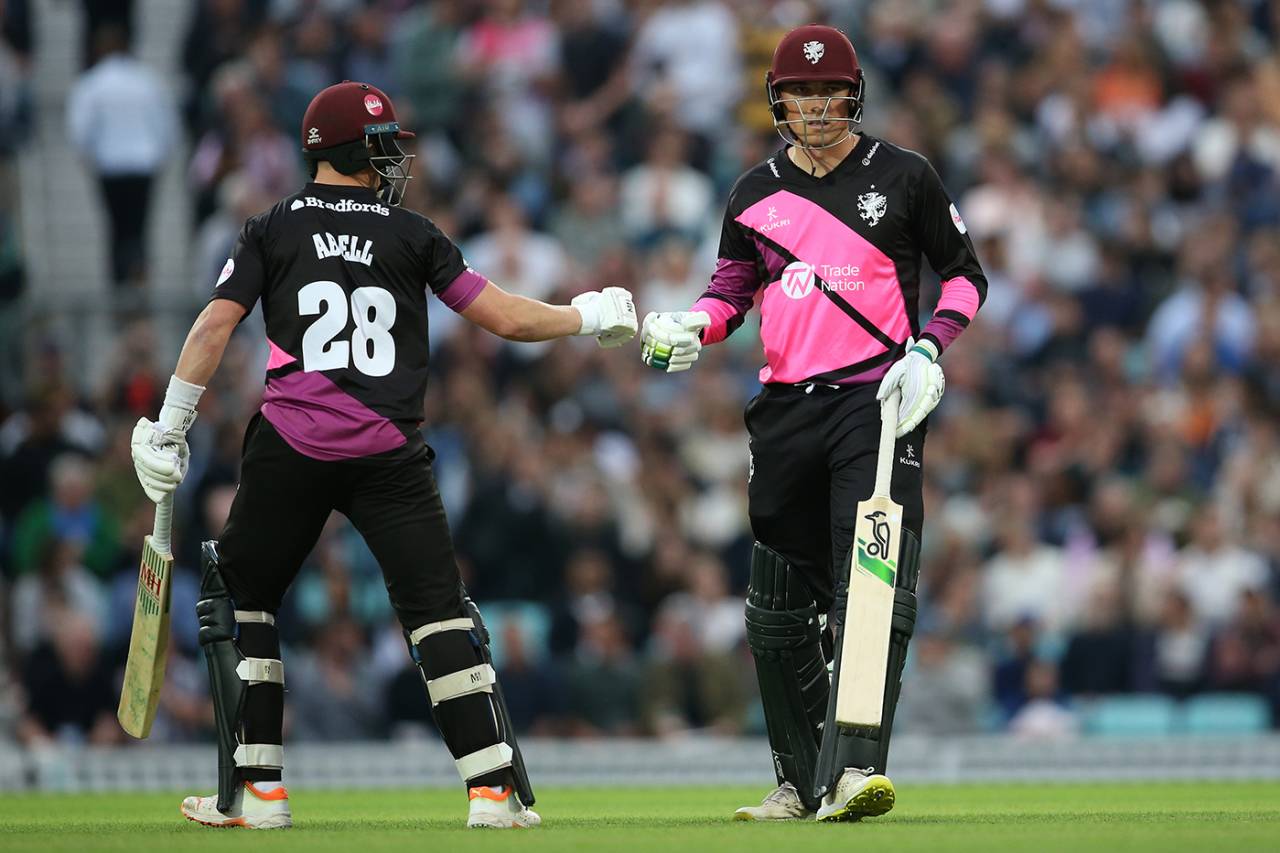 Tom Banton gets a fist bump from Tom Abell, Surrey vs Somerset, Vitality Blast, The Oval, June 30, 2023