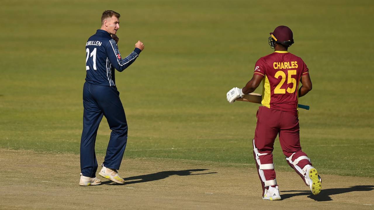 Johnson Charles became the first of Brandon McMullen's wickets, Scotland vs West Indies, Super Six, ODI World Cup qualifier, Harare, July 1, 2023