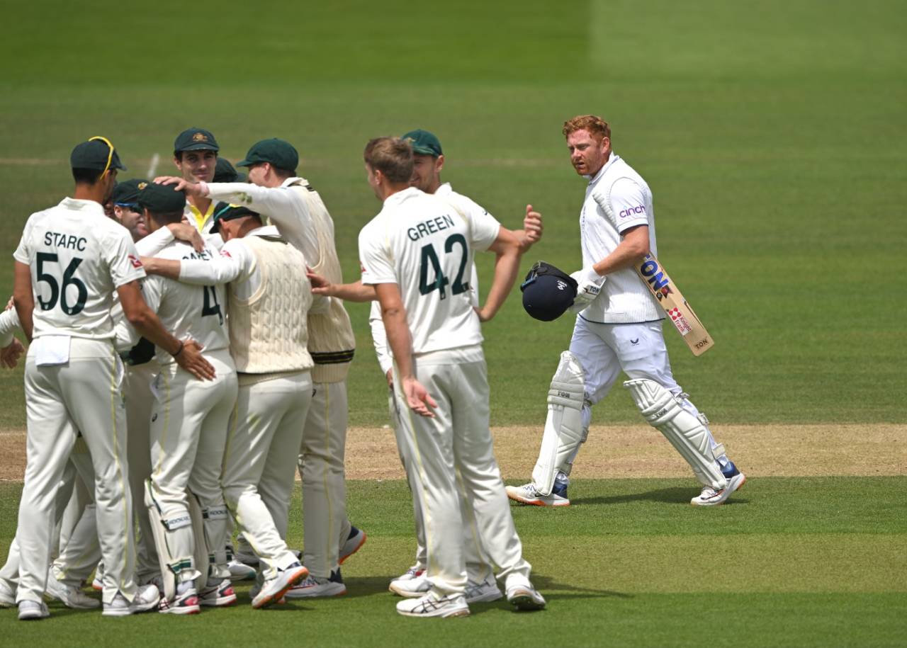 Jonny Bairstow walks off after being given out as Australia celebrate, England vs Australia, 2nd Ashes Test, Lord's, 5th day, July 2, 2023