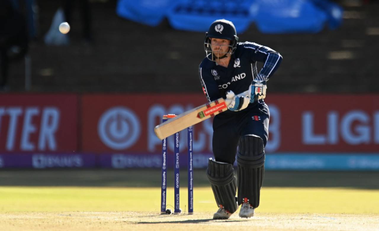 Matthew Cross plays on the off side, Zimbabwe vs Scotland, Super Six, World Cup Qualifiers, Bulawayo, July 4, 2023