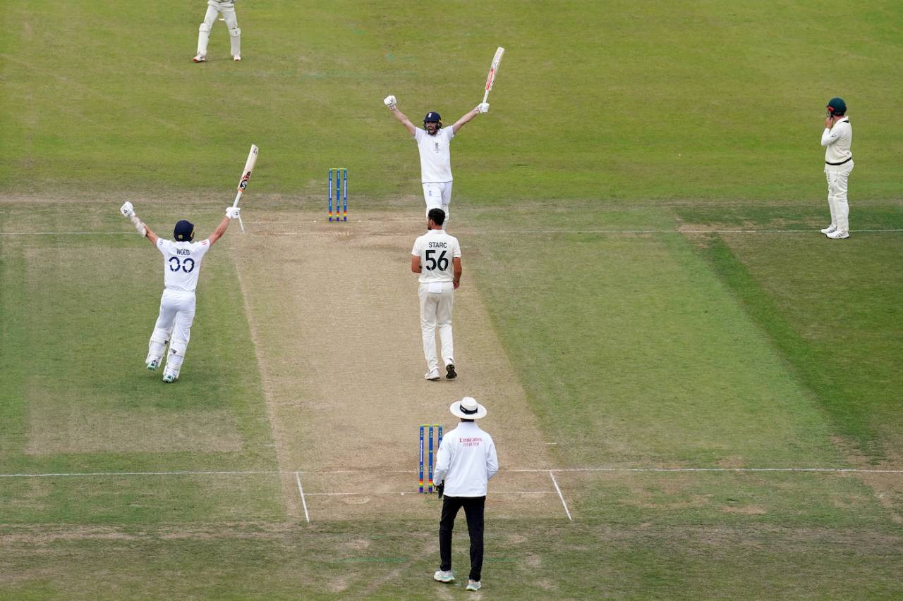 Chris Woakes and Mark Wood start the celebrations after the winning hit, England vs Australia, 3rd Test, 4th day, Headingley, July 9, 2023