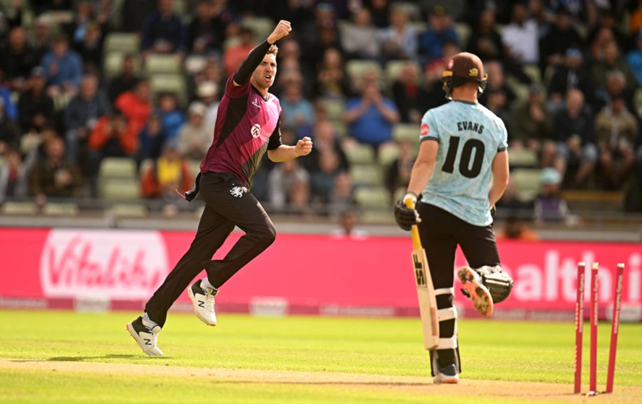 Craig Overton removed Laurie Evans for a duck, Somerset vs Surrey, Vitality Blast semi-final, Edgbaston, July 15, 2023