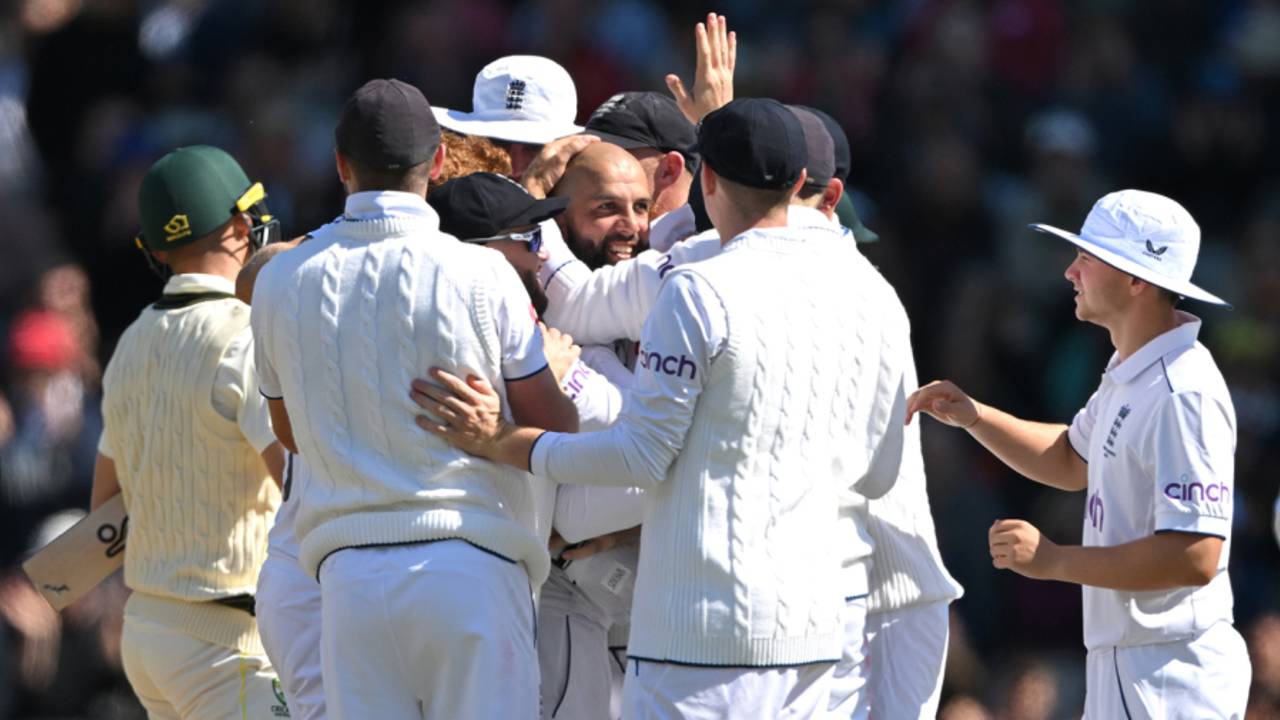 Moeen Ali and England celebrate as Marnus Labuschagne is given out on review