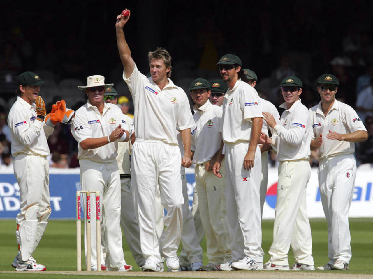 Glenn McGrath celebrates his 500th Test wicket, England v Australia, 1st Test, Lord's, 1st day, July 21, 2005 