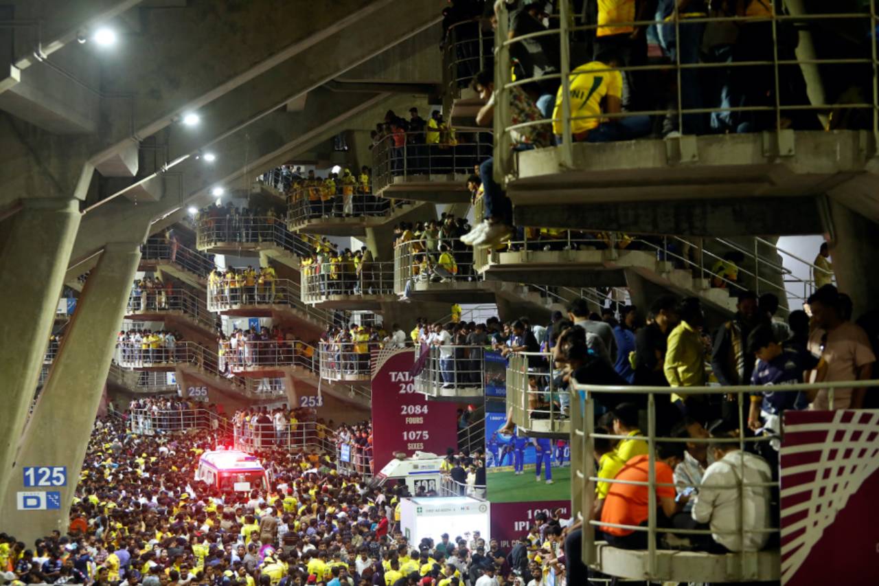 Fans took shelter in stairwells as the rain came down at the halfway stage of the game  Chennai Super Kings vs Gujarat Titans, IPL 2023 final, Ahmedabad, May 29, 2023