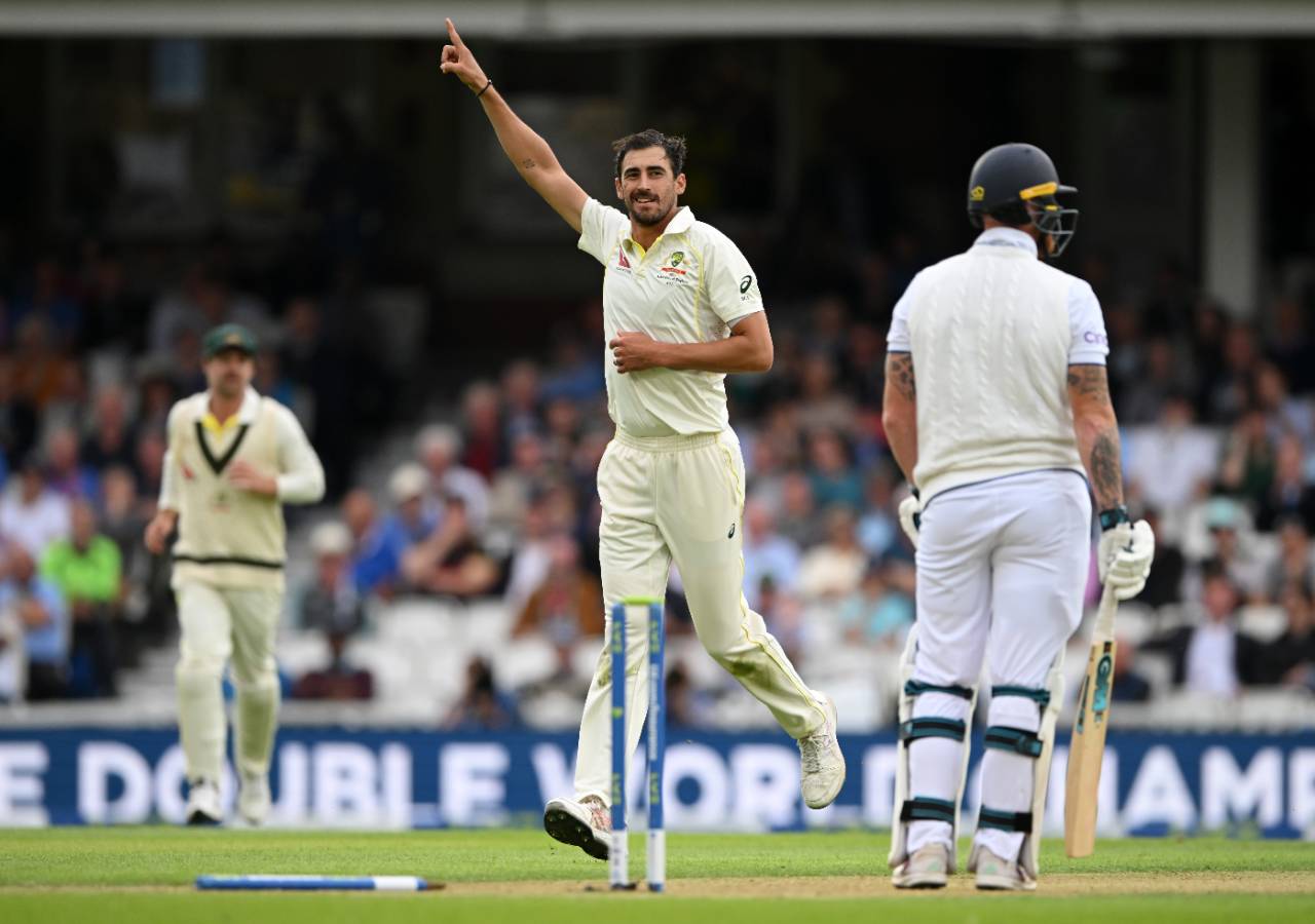 Mitchell Starc celebrates the dismissal of Ben Stokes, England vs Australia, 5th men's Ashes Test, The Oval, 1st day, July 27, 2023