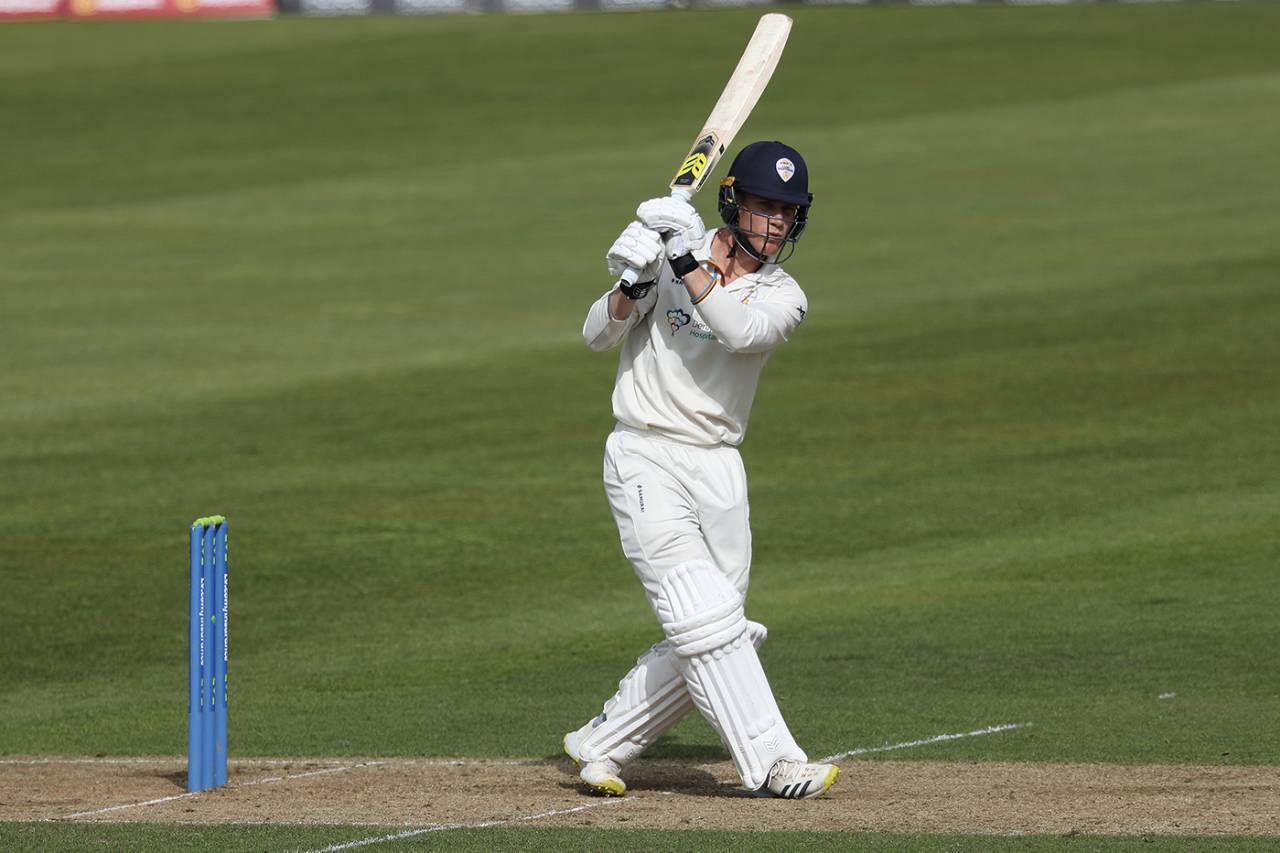 Luis Reece swats the ball leg side, Durham vs Derbyshire, County Championship, Division Two, Chester-le-Street, April 28, 2023