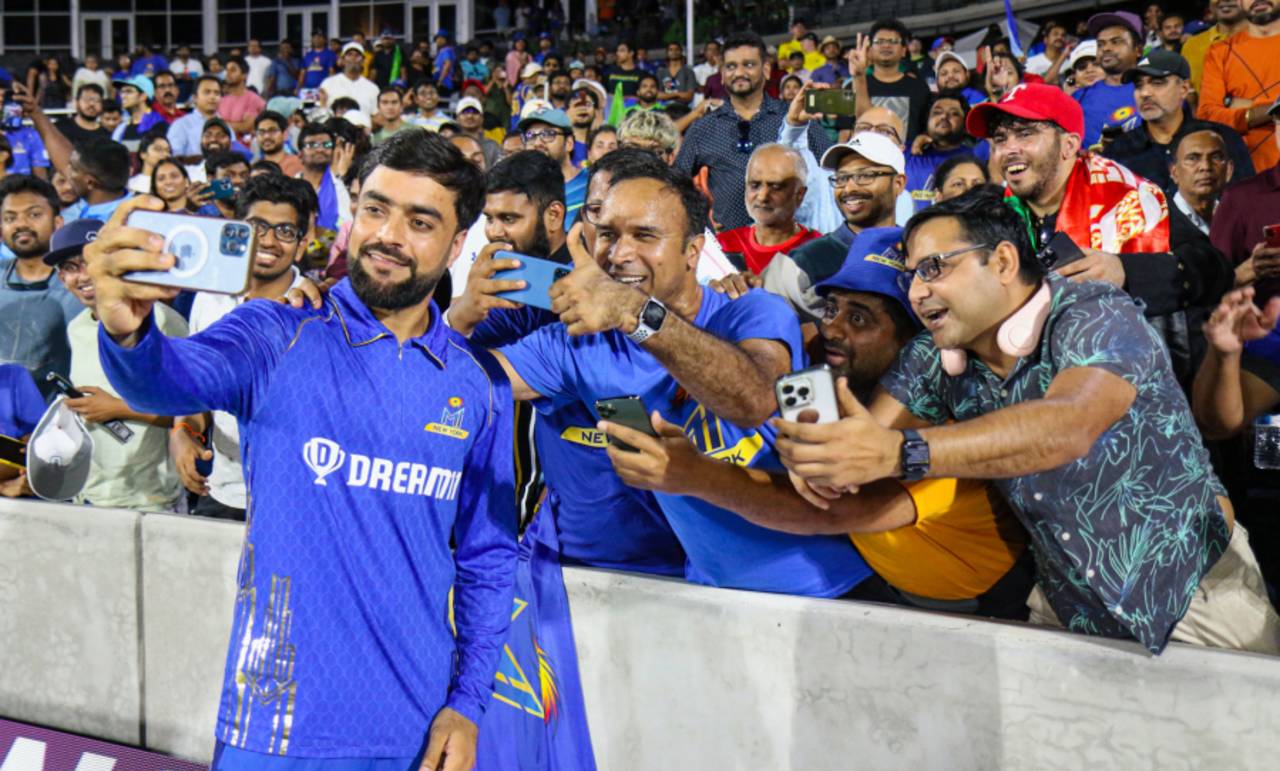 MI New York star Rashid Khan takes selfies with his adoring fans in Texas after winning the inaugural MLC Final, MI New York v Seattle Orcas, 2023 Major League Cricket, Final, Grand Prairie, July 30, 2023