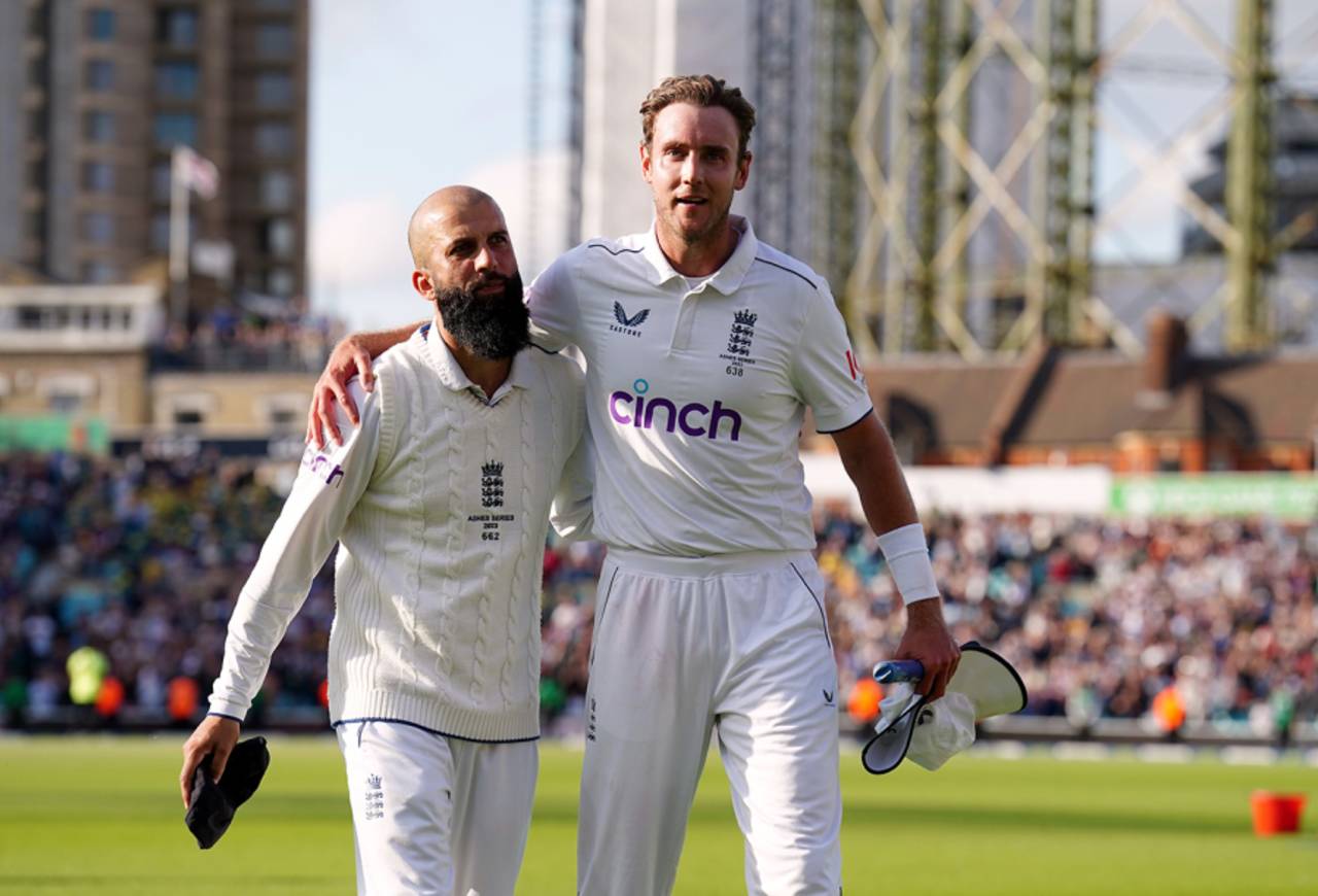 Stuart Broad and Moeen Ali walk off the pitch together for the last time, England vs Australia, 5th men's Ashes Test, The Oval, 5th day, July 31, 2023