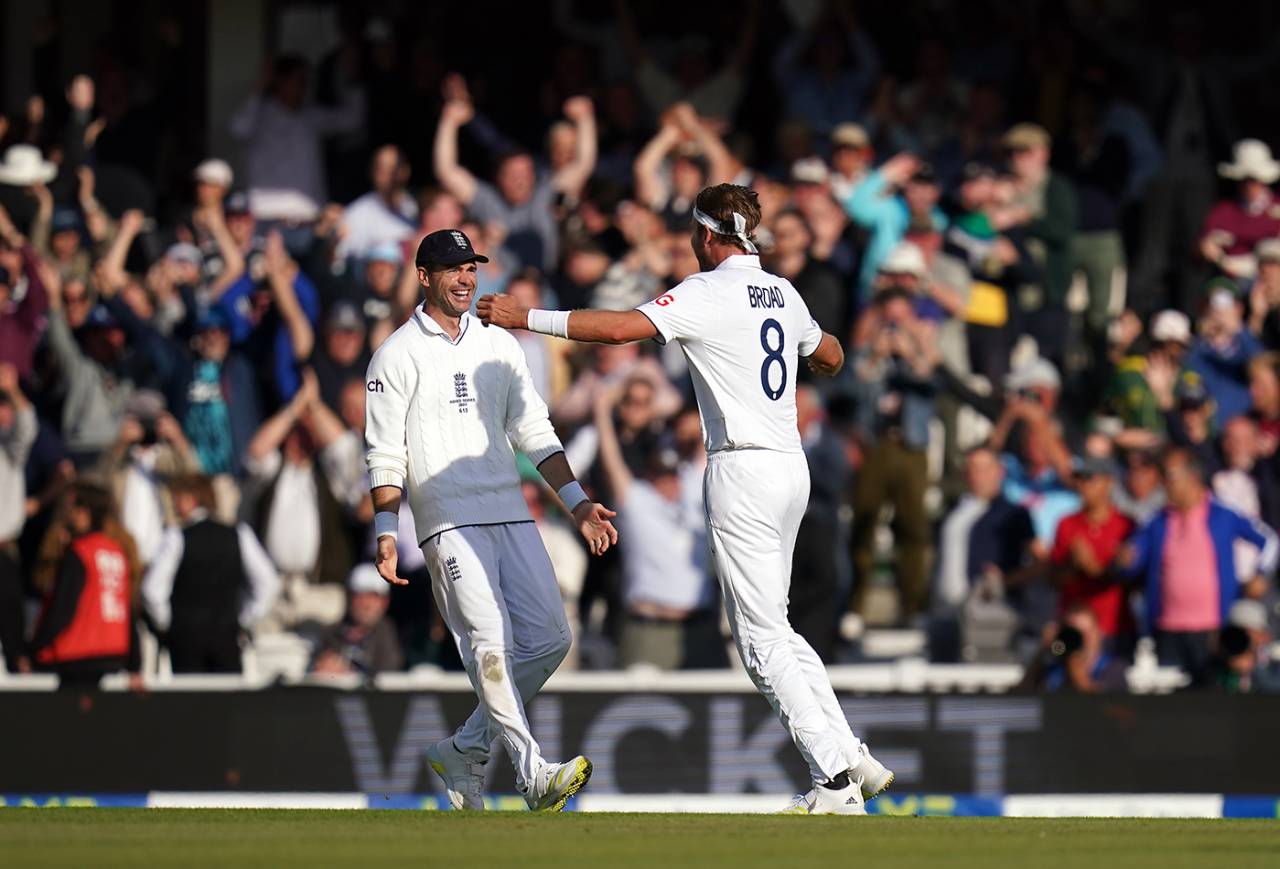 Stuart Broad celebrates with James Anderson, England vs Australia, 5th men's Ashes Test, The Oval, 5th day, July 31, 2023