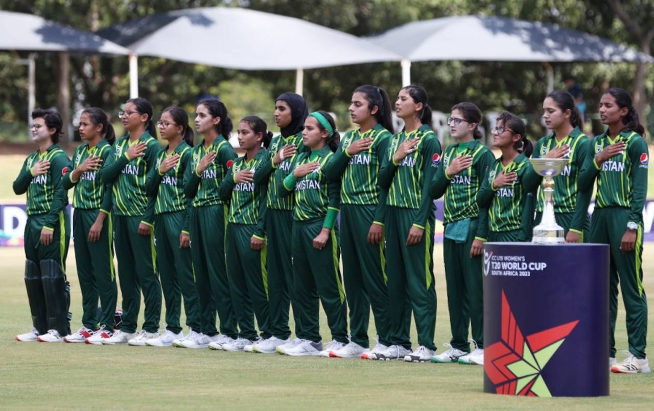 The Pakistan players line up for the national anthem, New Zealand vs Pakistan, Potchefstroom, Super Six, Women's Under-19 T20 World Cup, January 24, 2023