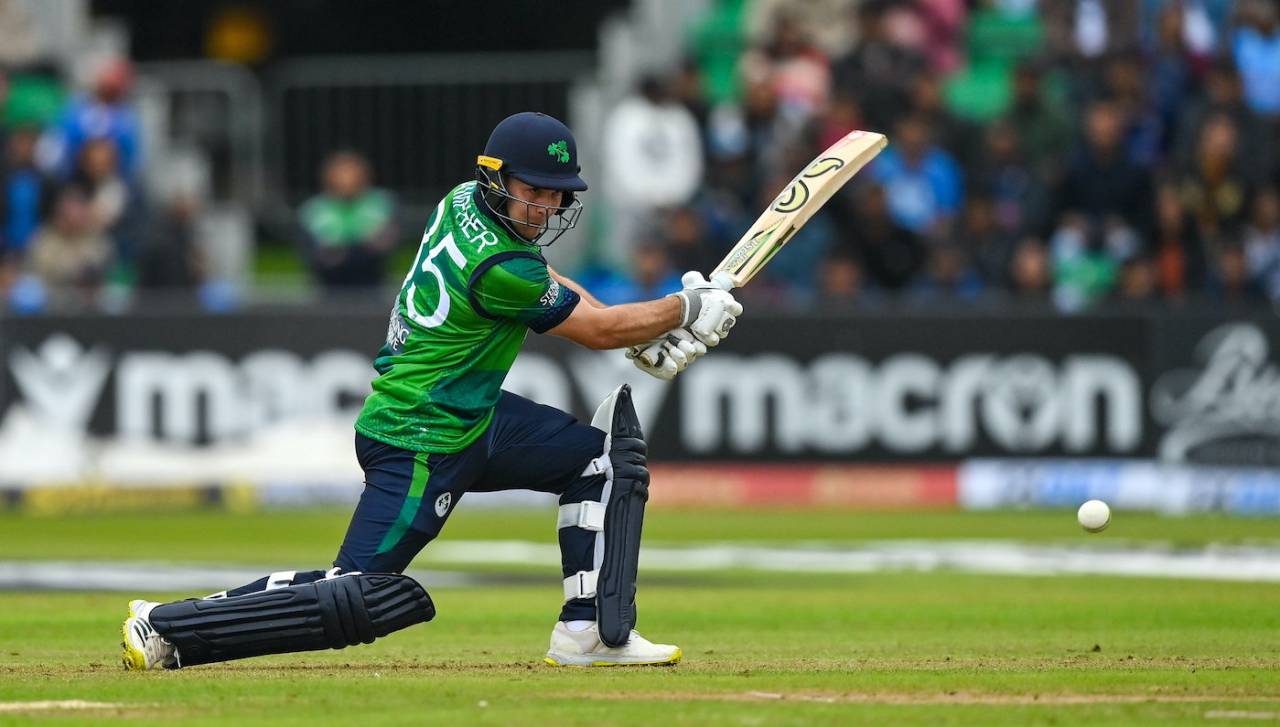 Curtis Campher drives the ball through cover, Ireland vs India, 1st T20I Malahide, August 18, 2023