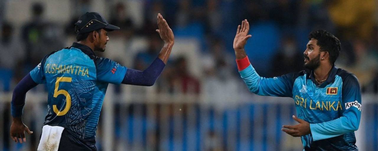 Wanindu Hasaranga, who picked up three wickets, celebrates with Dushmantha Chameera, Netherlands vs Sri Lanka, Men's T20 World Cup, Sharjah, October 22, 2021
