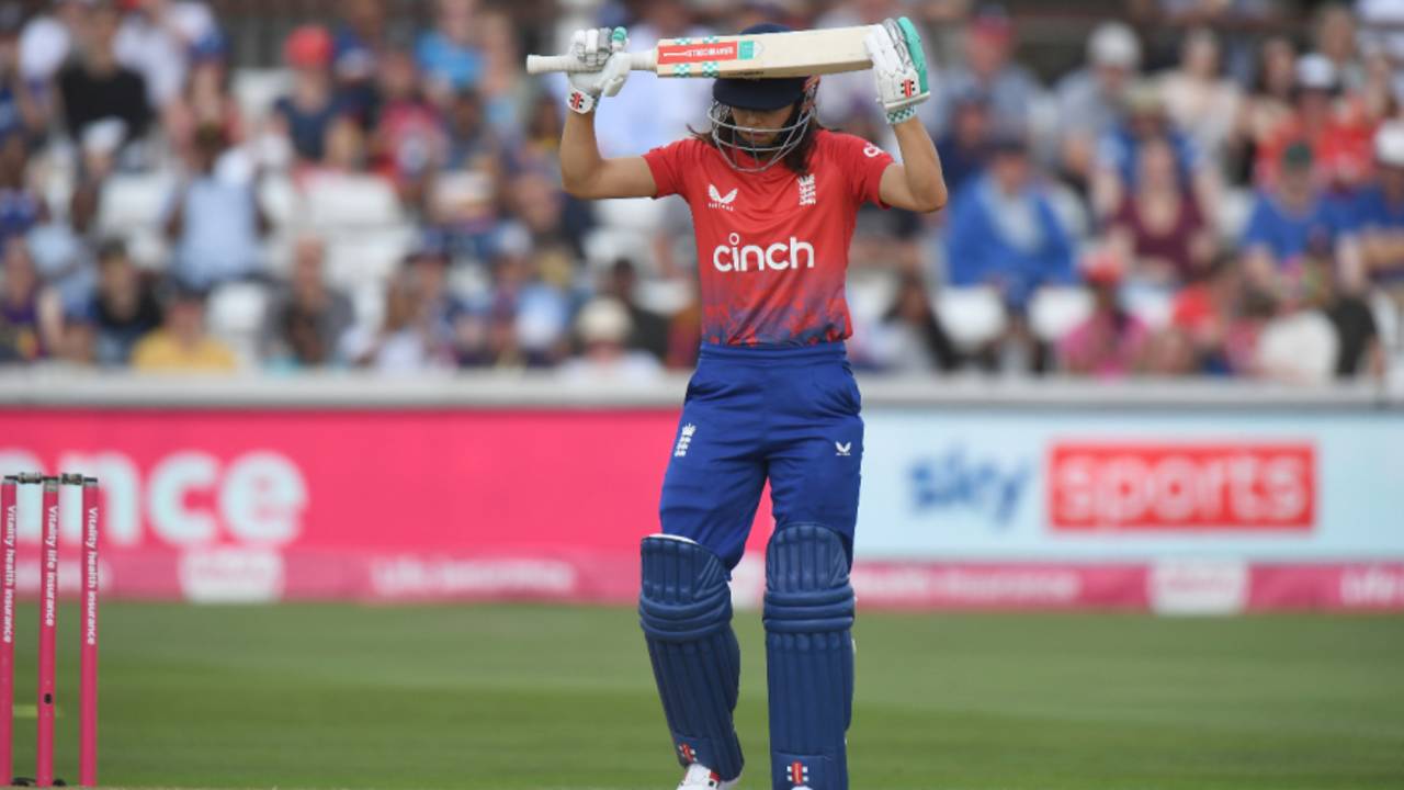 Maia Bouchier grimaces after falling in the second T20I at Chelmsford
