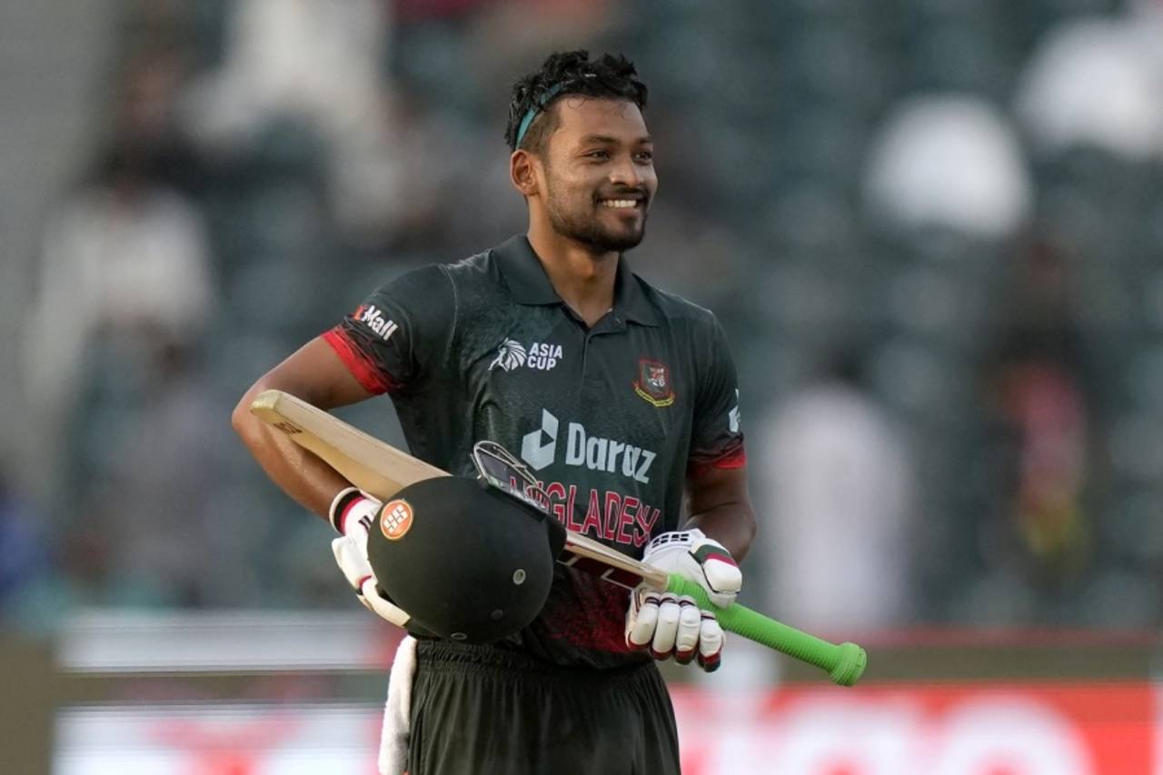 Najmul Hossain Shanto with a unique celebration after reaching his ODI century, Afghanistan vs Bangladesh, Group B, Asia Cup, Lahore, September 3, 2023