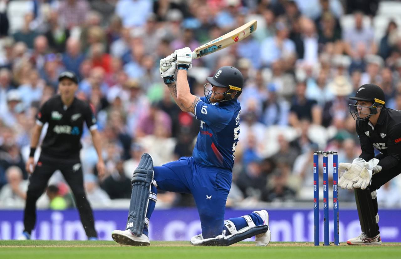 Ben Stokes launches another six during his powerful innings, England vs New Zealand, 3rd ODI, The Oval, September 13, 2023