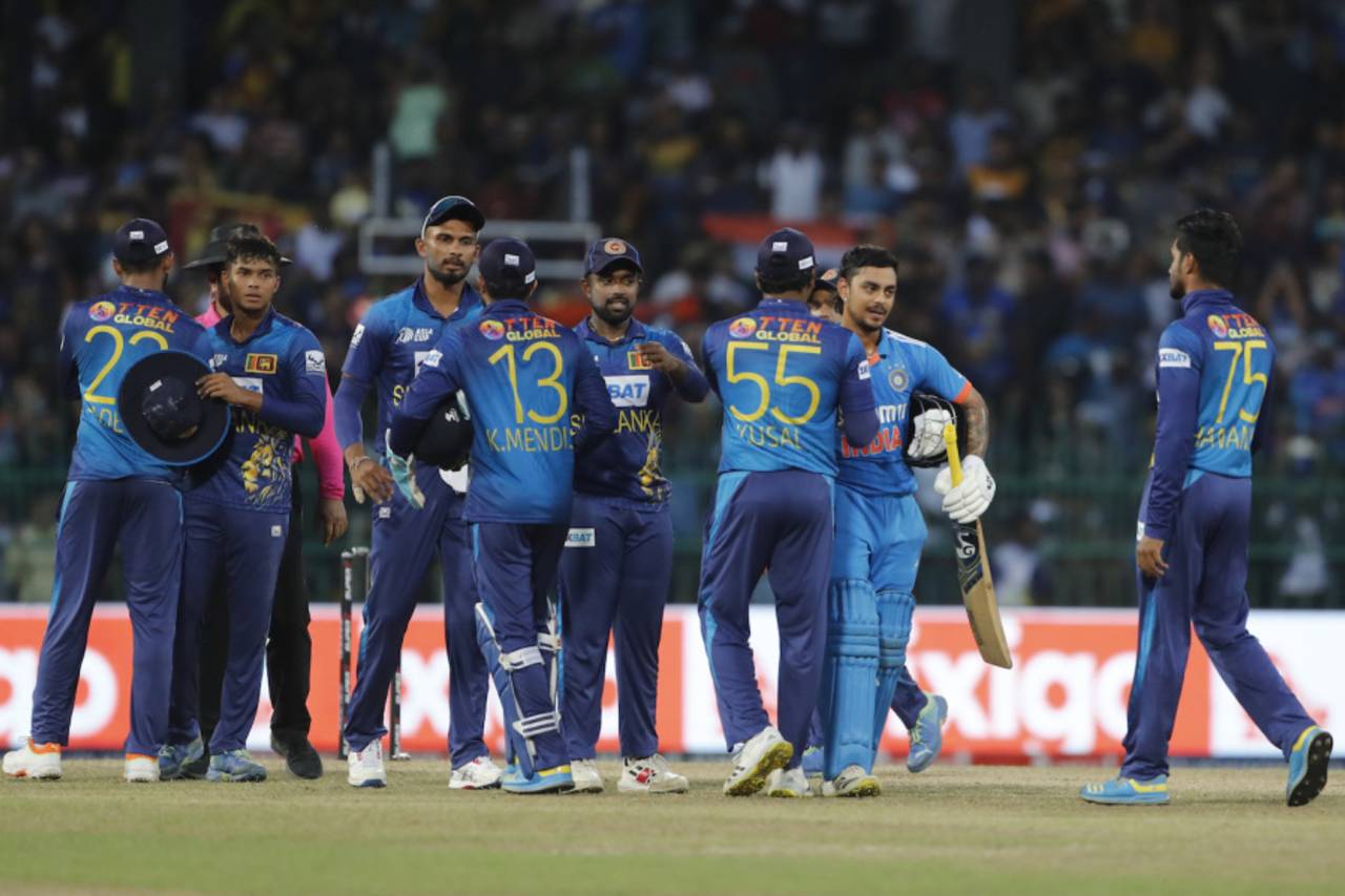 A shell-shocked Sri Lanka congratulate Ishan Kishan after India's win, India vs Sri Lanka, Asia Cup final, Colombo, September 17, 2023
