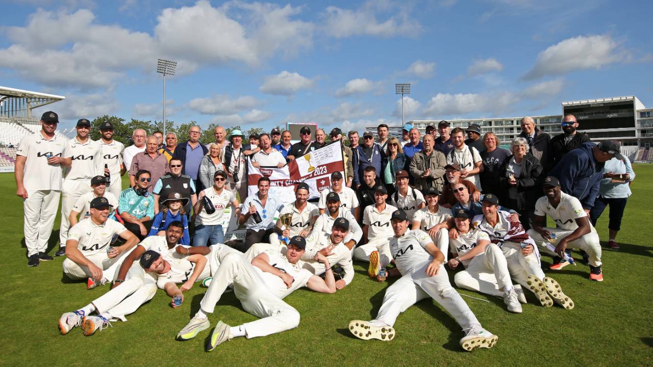 Surrey and their supporters pose with the County Championship trophy after securing back-to-back titles, Hampshire vs Surrey, County Championship, Division One, Ageas Bowl, September 29, 2023