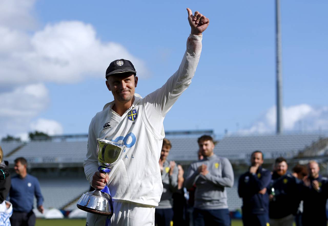 Scott Borthwick with the Division Two trophy, Durham vs Leicestershire, County Championship, Division Two, Chester-le-Street, September 29, 2023