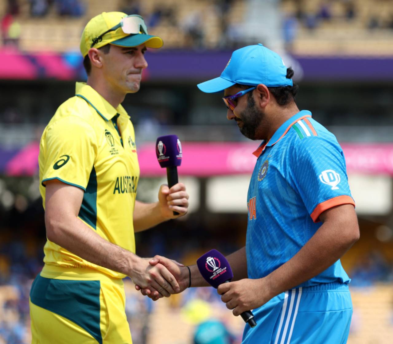 Rohit Sharma and Pat Cummins shake hands at the toss, India vs Australia, World Cup, Chennai, October 8, 2023
