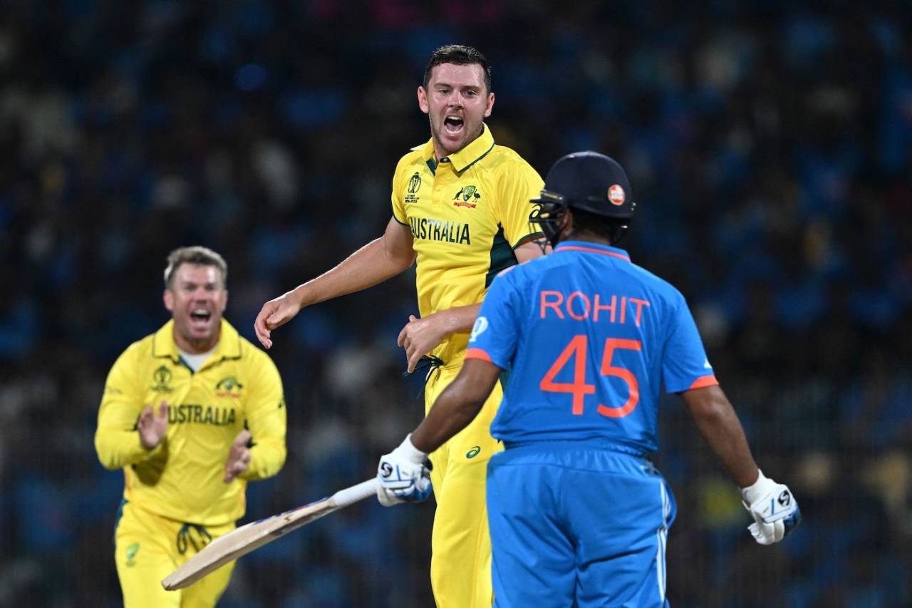 Josh Hazlewood jagged one back to dismiss Rohit Sharma lbw, India vs Australia, World Cup, Chennai, October 8, 2023