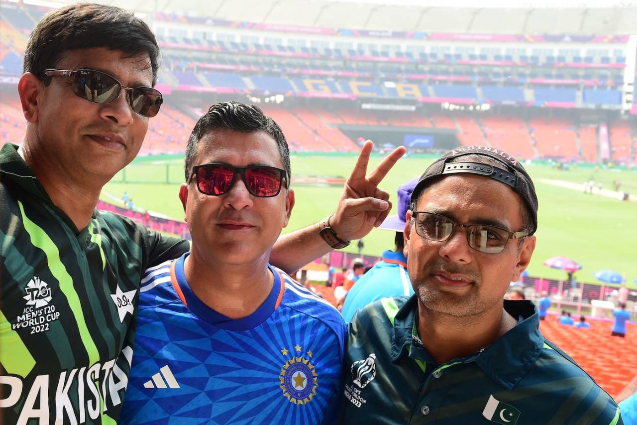 Not too many Pakistanis in the stands - here are two, with an Indian in between, India vs Pakistan, World Cup, Ahmedabad, October 14, 2023