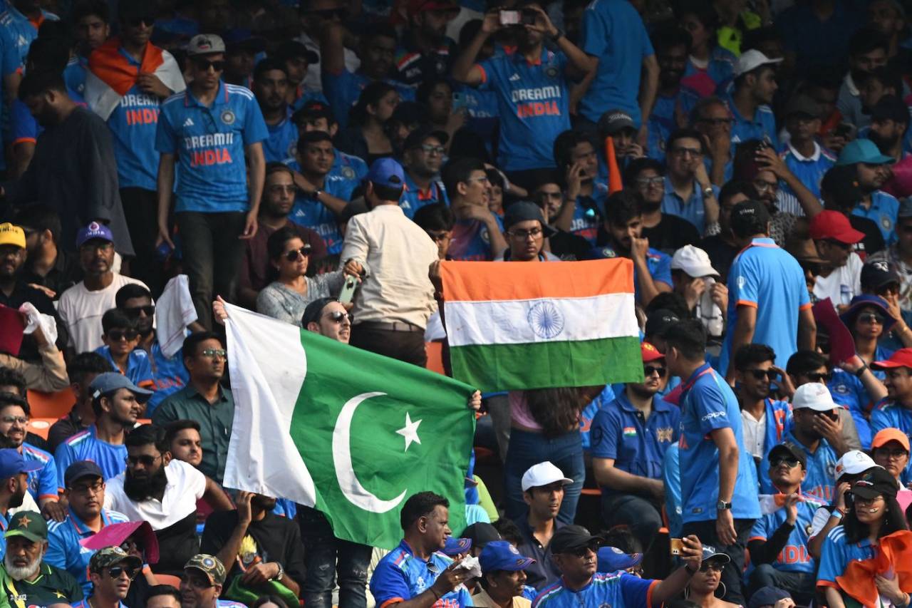 Indian and Pakistani fans fly their flags, India vs Pakistan, Men's World Cup 2023, Ahmedabad, October 14, 2023