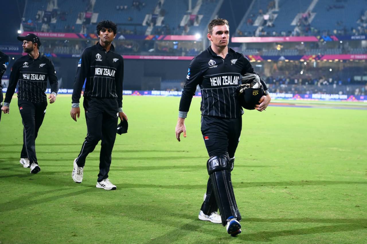 Job done: Tom Latham, Rachin Ravindra, and Devon Conway walk back after the 149-run win, New Zealand vs Afghanistan, Men's ODI World Cup, Chennai, October 18, 2023