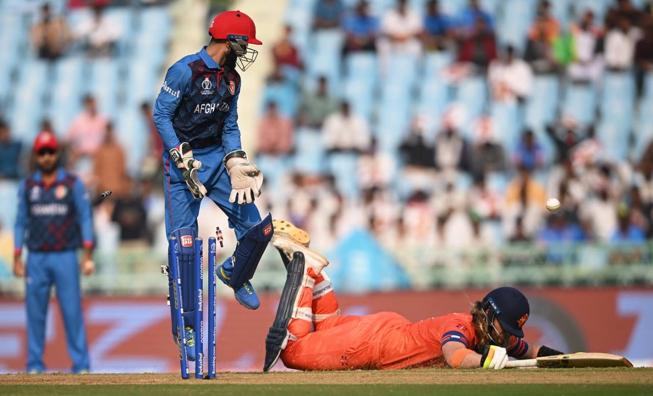A direct hit caught Max O'Dowd short of his crease, Afghanistan vs Netherlands, ICC Men's World Cup, Lucknow, November 3, 2023