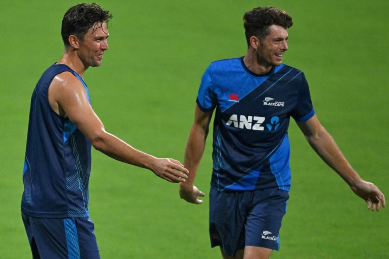 Trent Boult and Mitchell Santner were in good spirits during New Zealand's training session, Mumbai, November 13, 2023