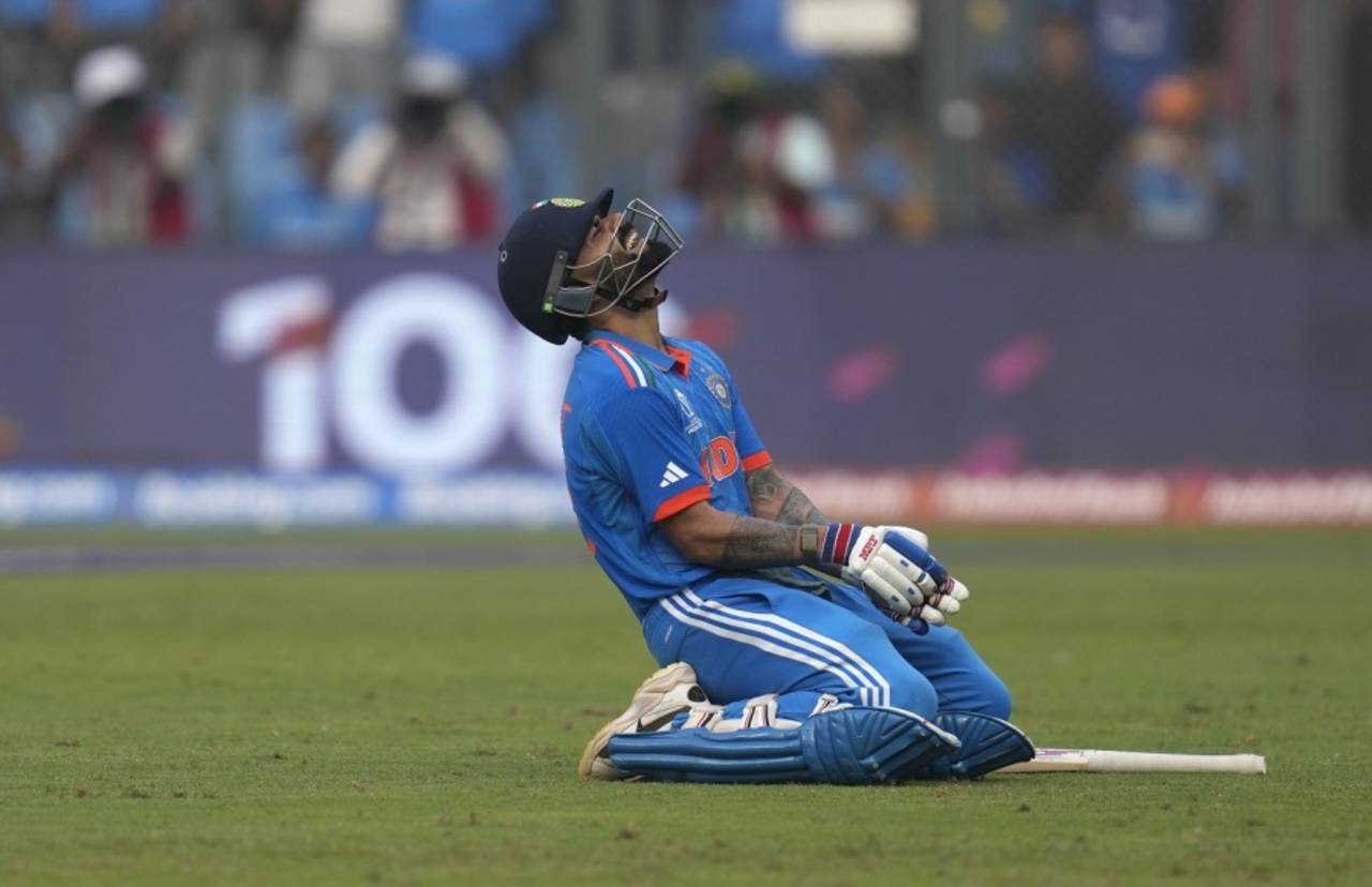 Virat Kohli soaks in the moment after hitting his 50th ODI century, World Cup semi-final, Mumbai, November 15, 2023