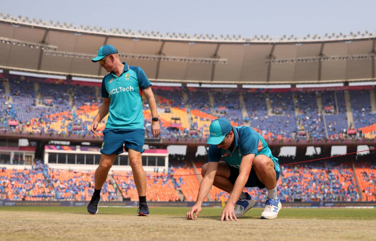The Australians take a very close look at the pitch ahead of the World Cup final&nbsp;&nbsp;&bull;&nbsp;&nbsp;ICC via Getty Images
