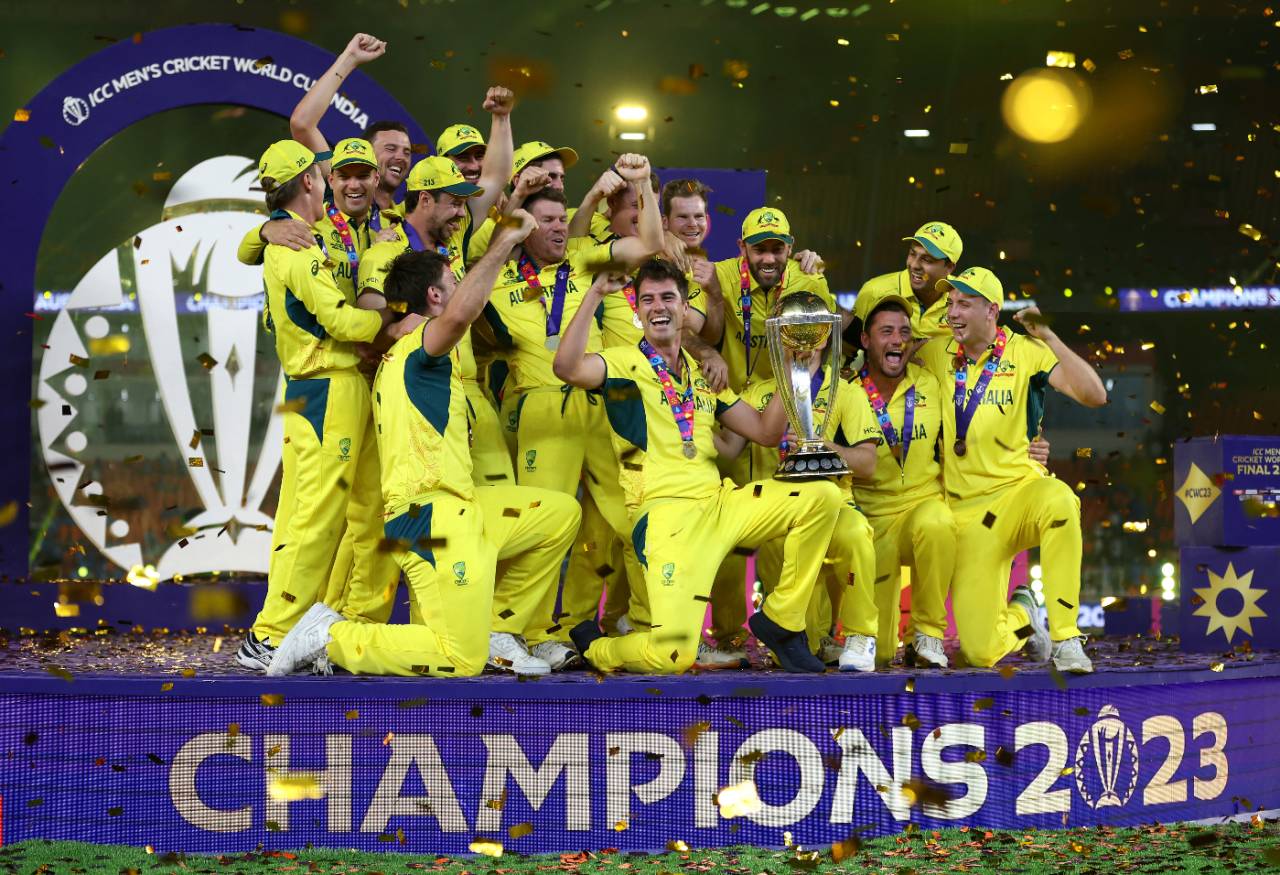 A jubilant Australian side with their prize, India vs Australia, Men's ODI World Cup final, Ahmedabad, November 19, 2023