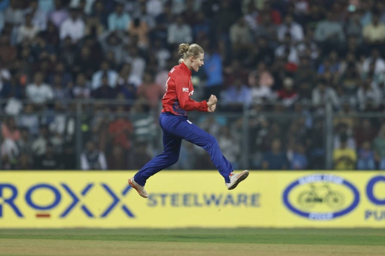 Charlie Dean is jubilant after dismissing Shafali Verma for a duck, India vs England, 2nd women's T20I, Wankhede, December 9, 2023