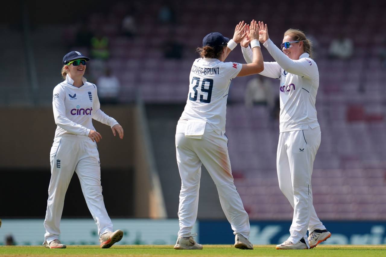 Sophie Ecclestone celebrates after dismissing Satheesh Shubha, India Women vs England Women, Only Test, DY Patil Stadium, Mumbai, 1st day, December 14, 2023